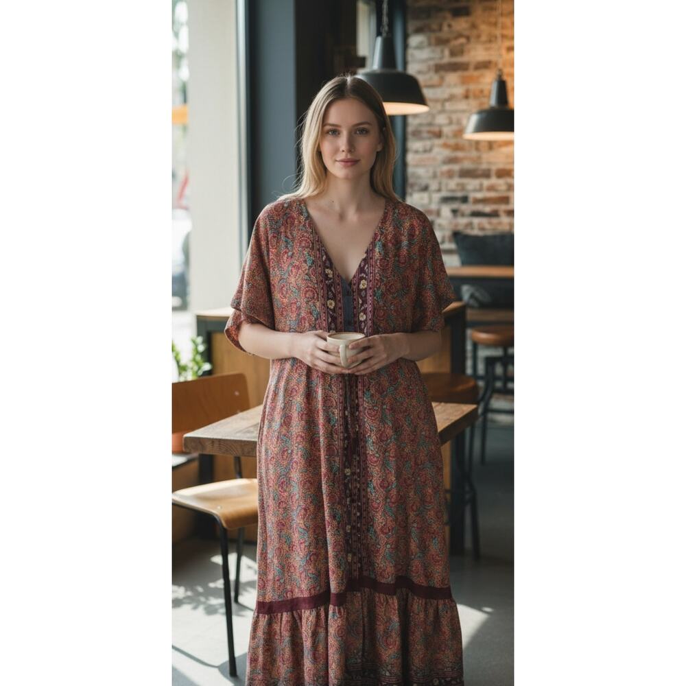 4653) Chaudry Anthropologie Multicolor Boho Floral Tassell Kaftan Maxi Dress L
